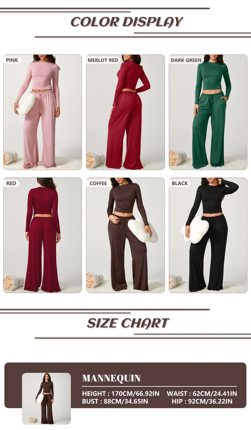 Women's 2-Piece Activewear Set: Long-Sleeve Crop Top and Wide-Leg Pants in Stretchy Fabric for Yoga, Leisure, and Daily Activities