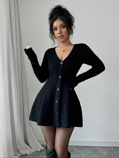Women’S New V Neck Knitted Dress with Button Details, Long Sleeve Short Waist A-Line Skirt for Casual and Stylish Looks