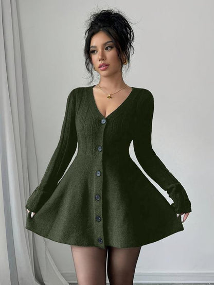 Women’S New V Neck Knitted Dress with Button Details, Long Sleeve Short Waist A-Line Skirt for Casual and Stylish Looks
