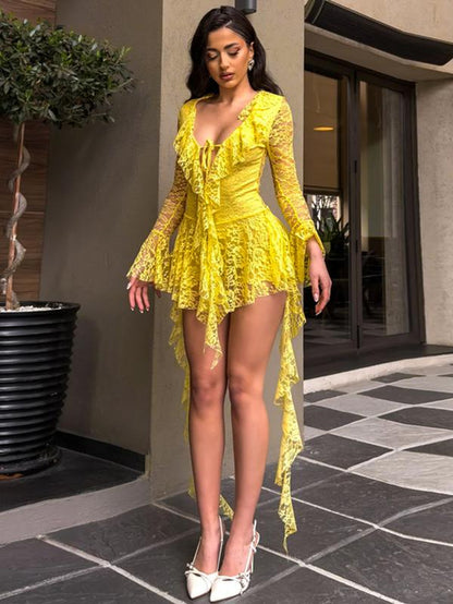 Women'S Fashion Y2K Lace Bow Tie Flounce Sleeve Dress, Trendy Comfortable Long Sleeve, Stylish Ladies' Clothing