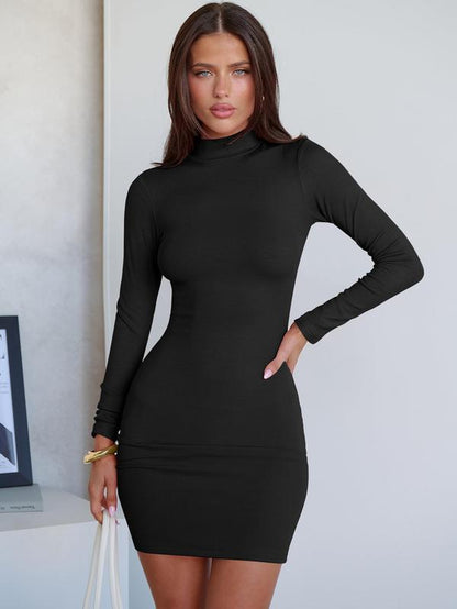 ANRABESS Women Long Sleeve Mock Neck Bodycon Mini Dress 2025 Fall Ribbed Slim Fit Pencil Cocktail Club Night Dresses