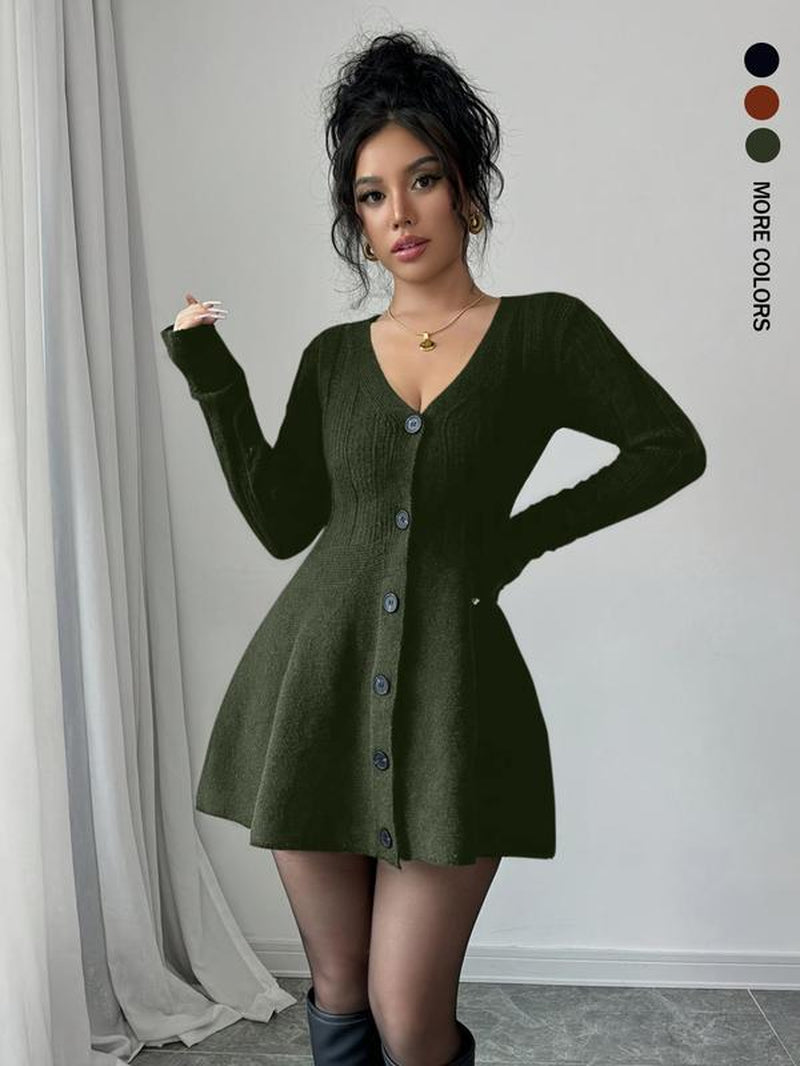 Women’S New V Neck Knitted Dress with Button Details, Long Sleeve Short Waist A-Line Skirt for Casual and Stylish Looks