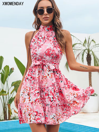 Summer Chiffon Dress Women Sexy Floral Print Ruffle Bandage Holiday Beach Sundress Casual Pink Halter A-Line Short Dresses 2024