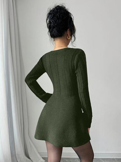 Women’S New V Neck Knitted Dress with Button Details, Long Sleeve Short Waist A-Line Skirt for Casual and Stylish Looks