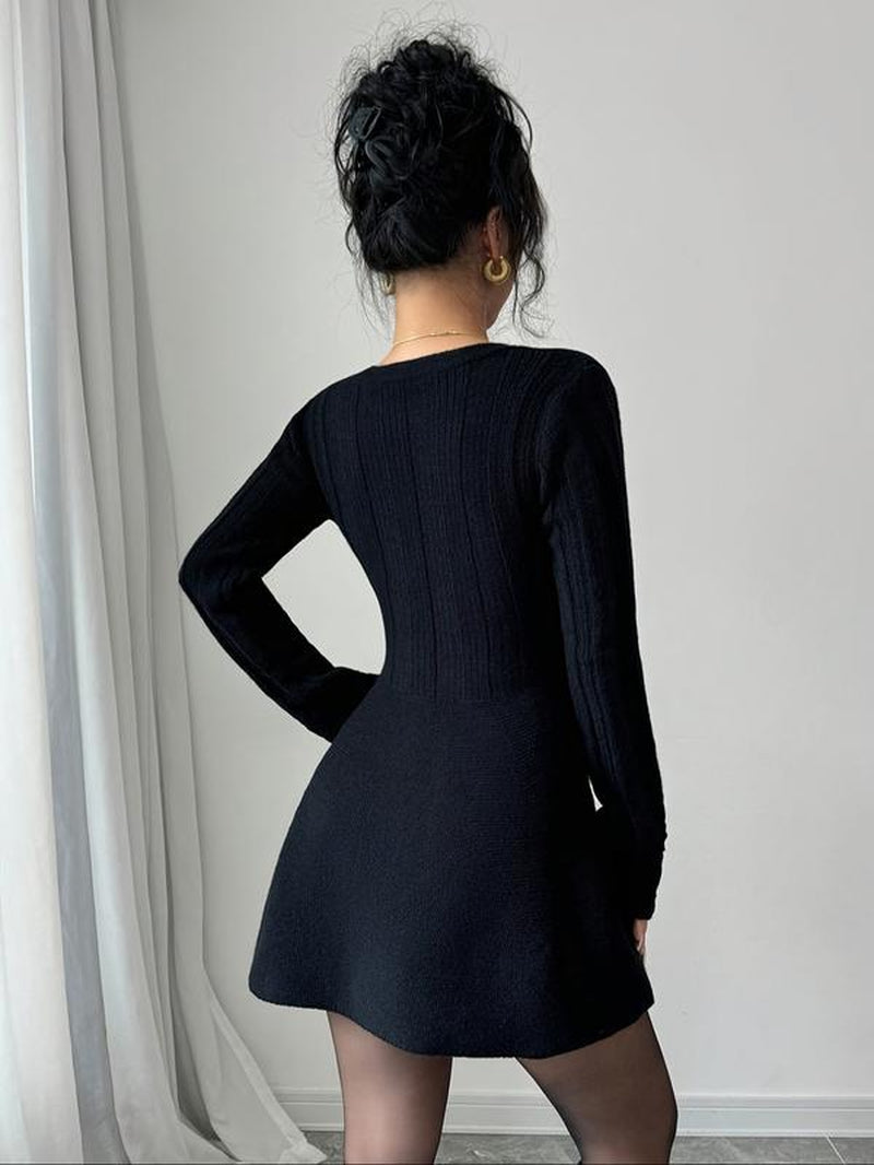 Women’S New V Neck Knitted Dress with Button Details, Long Sleeve Short Waist A-Line Skirt for Casual and Stylish Looks