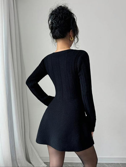 Women’S New V Neck Knitted Dress with Button Details, Long Sleeve Short Waist A-Line Skirt for Casual and Stylish Looks