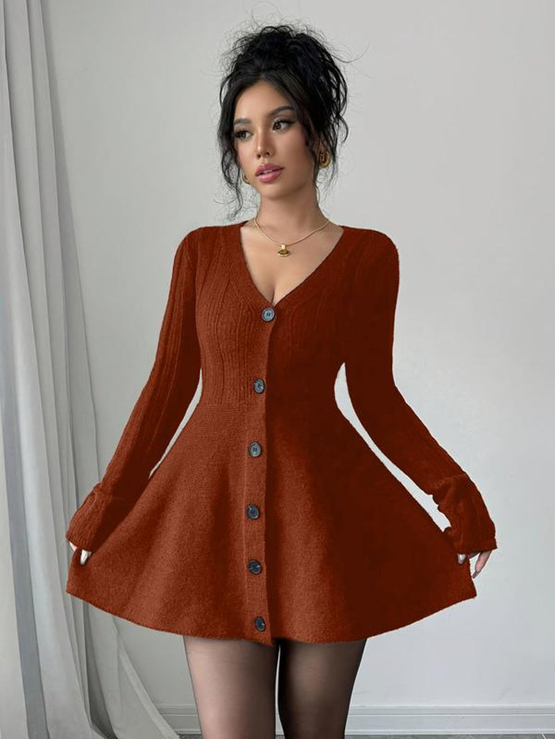 Women’S New V Neck Knitted Dress with Button Details, Long Sleeve Short Waist A-Line Skirt for Casual and Stylish Looks