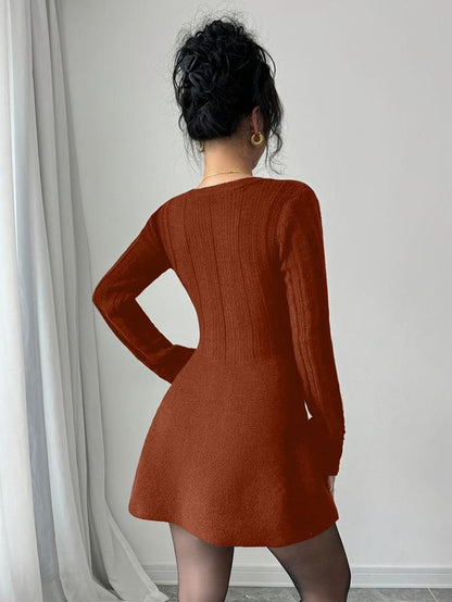 Women’S New V Neck Knitted Dress with Button Details, Long Sleeve Short Waist A-Line Skirt for Casual and Stylish Looks