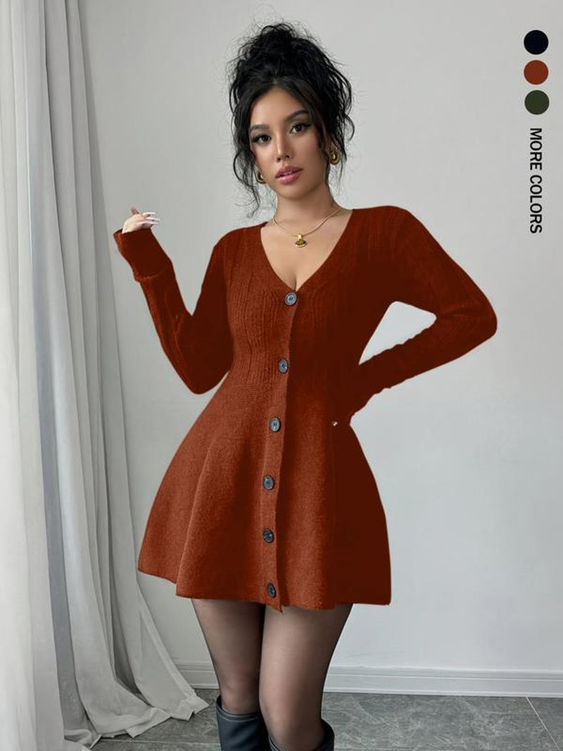 Women’S New V Neck Knitted Dress with Button Details, Long Sleeve Short Waist A-Line Skirt for Casual and Stylish Looks